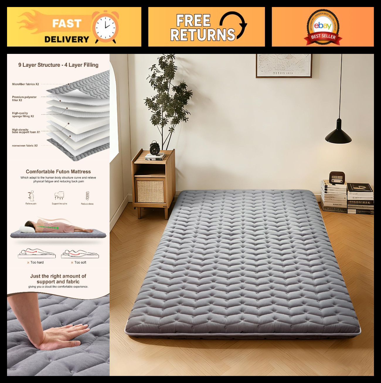 Full Size Foam Japanese Futon Mattress 54″x80″, 3.2″ Thick Foldable Sleeping Pad