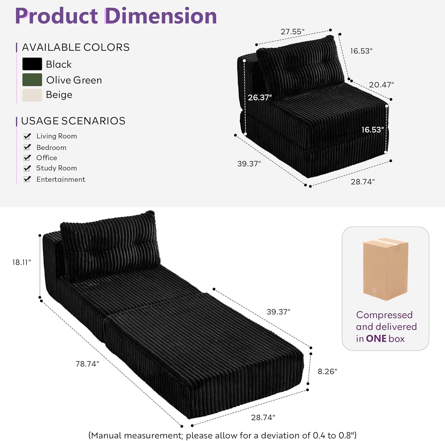 Folding Sofa Bed, Convertible Sleeper Chair with Ba Support and