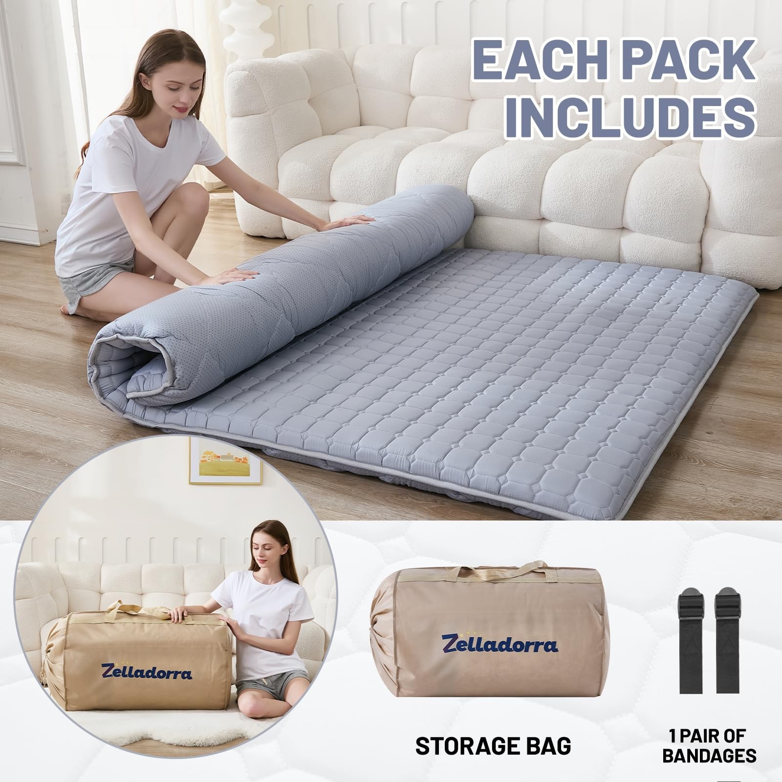 Japanese Floor Mattress Queen, Anti-Slip Japanese Futon Roll Up Tatami Mat fo…