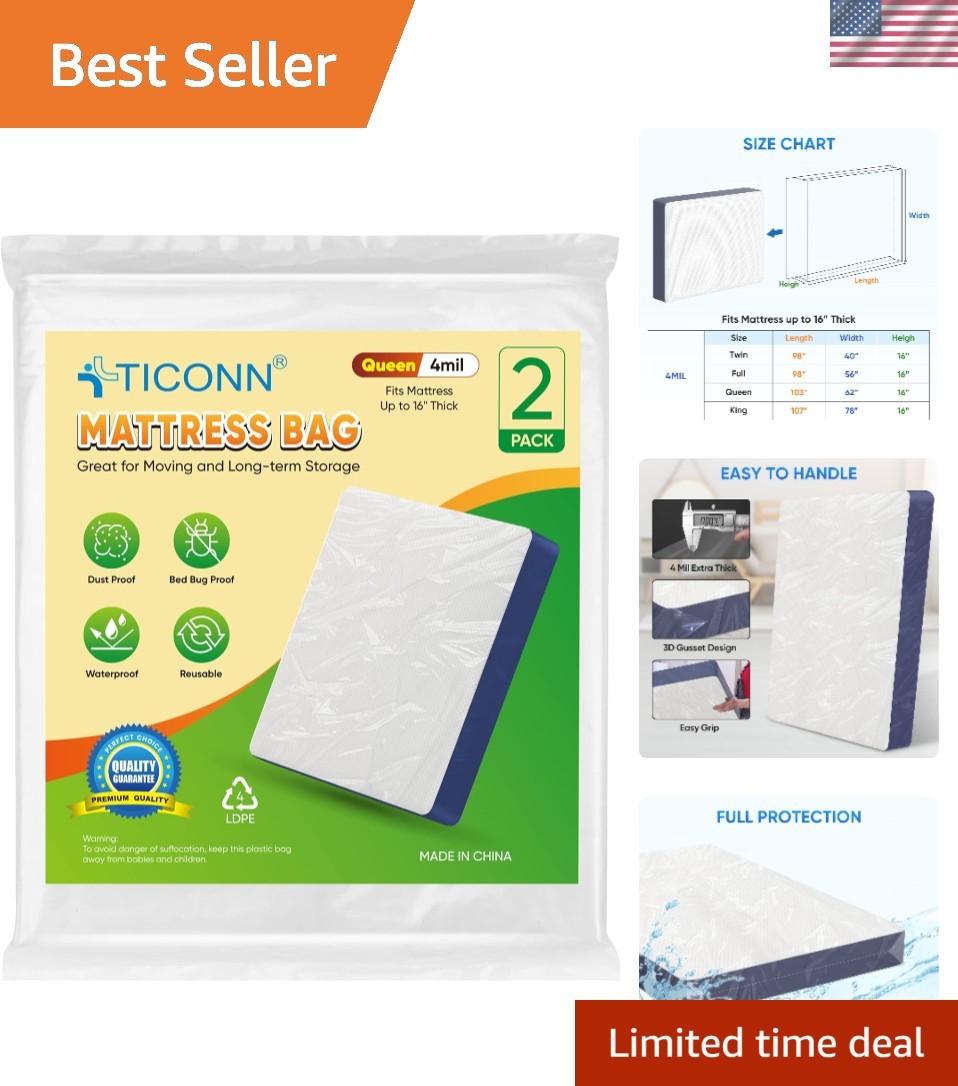 Heavy-Duty Waterproof Mattress Protector Bags 2PK – Ideal for Moving and Storage