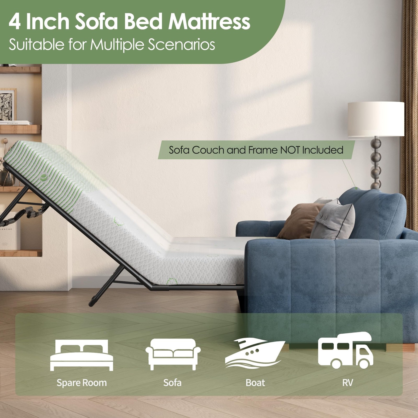 4 Inch Gel Memory Foam Sofa Mattress Queen Size – Light Green & White Foldabl…