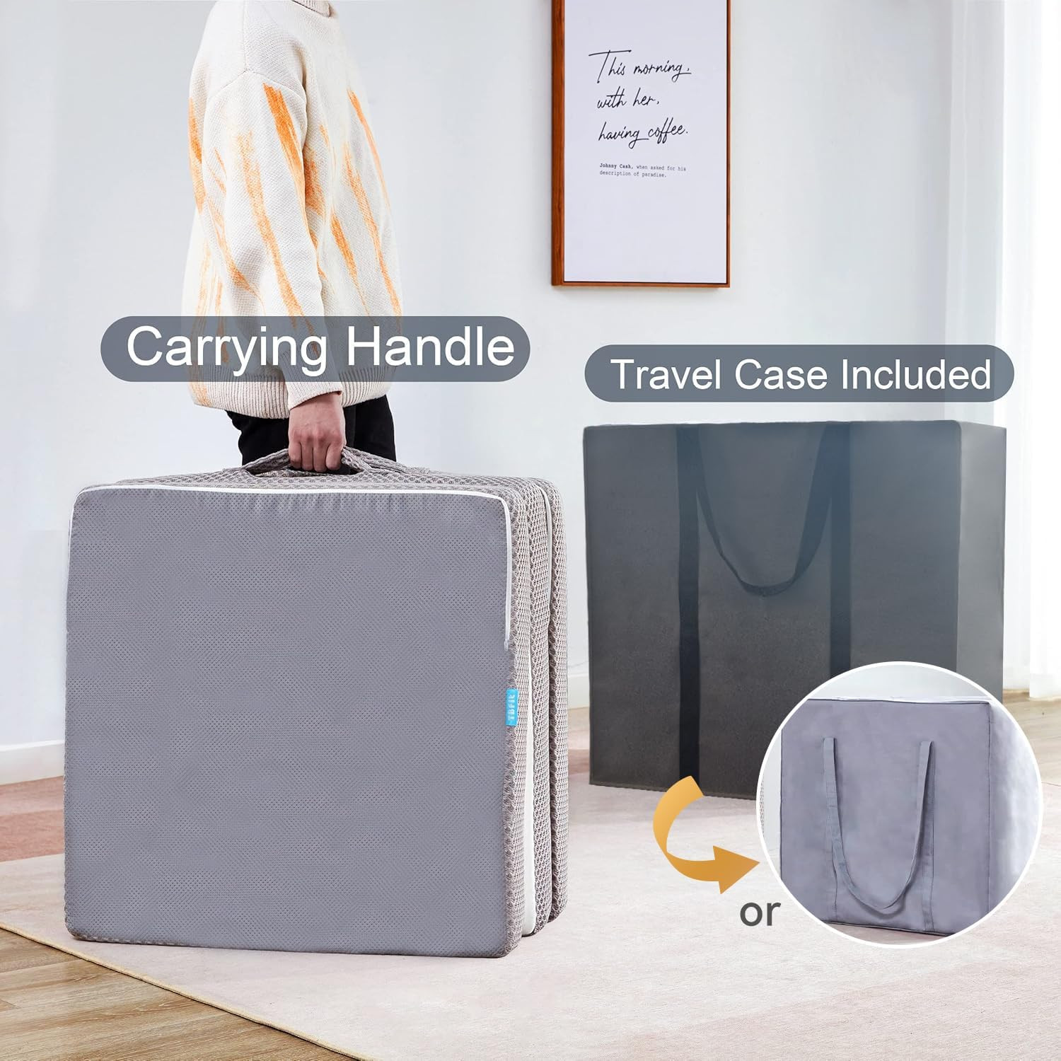 Foldable Mat 3.8 Inch Folding Topper Tri-Fold Gel Memory Foam Breathable with St