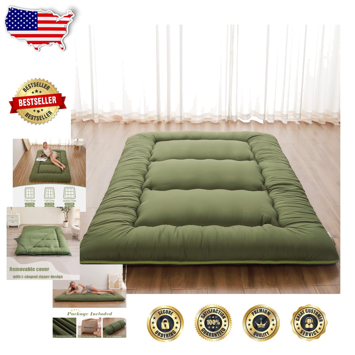 Roll Up Futon Mattress Twin Green Portable Memory Foam Foldable Tatami