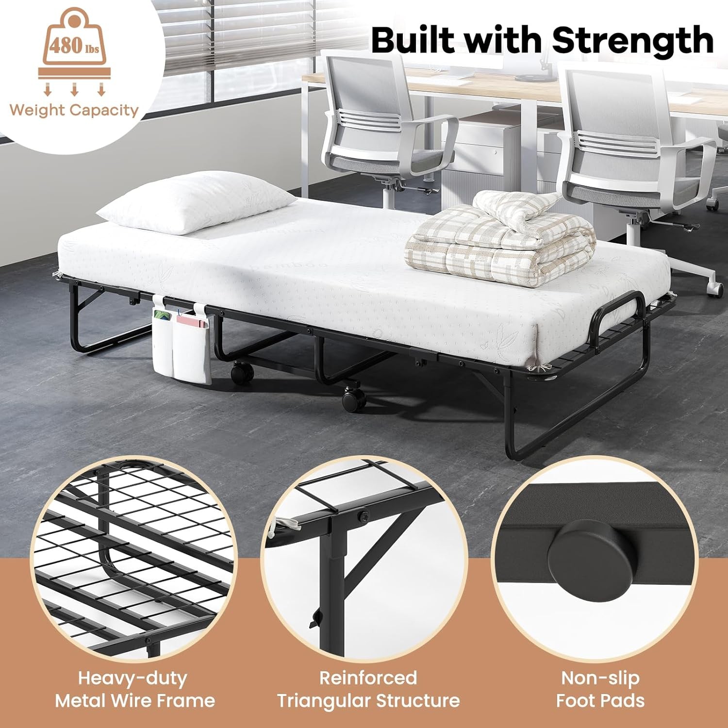 Twin Folding Bed with 5 Inch Mattr, Rollaway Guest Bed with