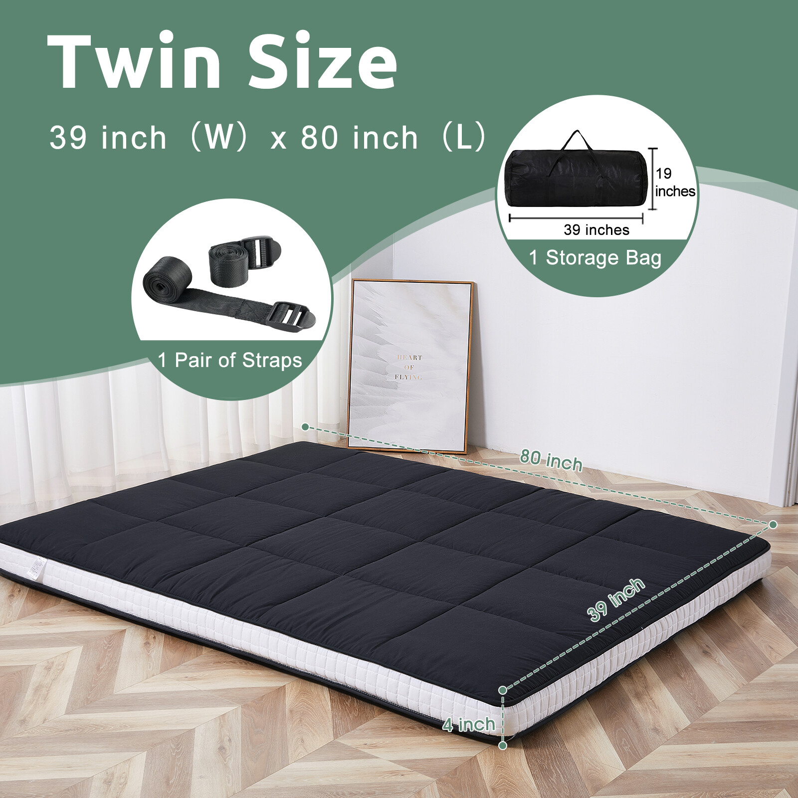 MOPHOTO Japanese Floor Mattress Wave Quilting Shiki Futon Twin Size Black Mat