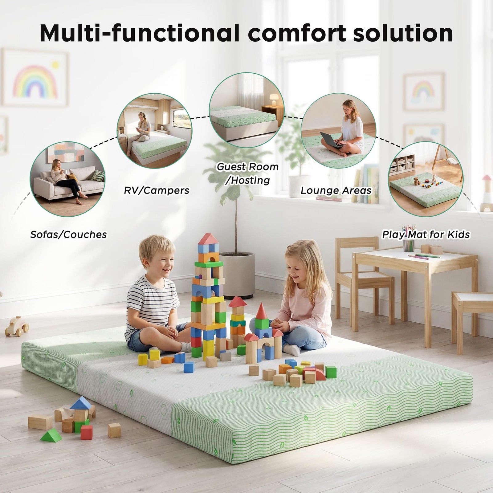 4 Inch Gel Memory Foam Sofa Mattress Queen Size – Light Green & White Foldabl…