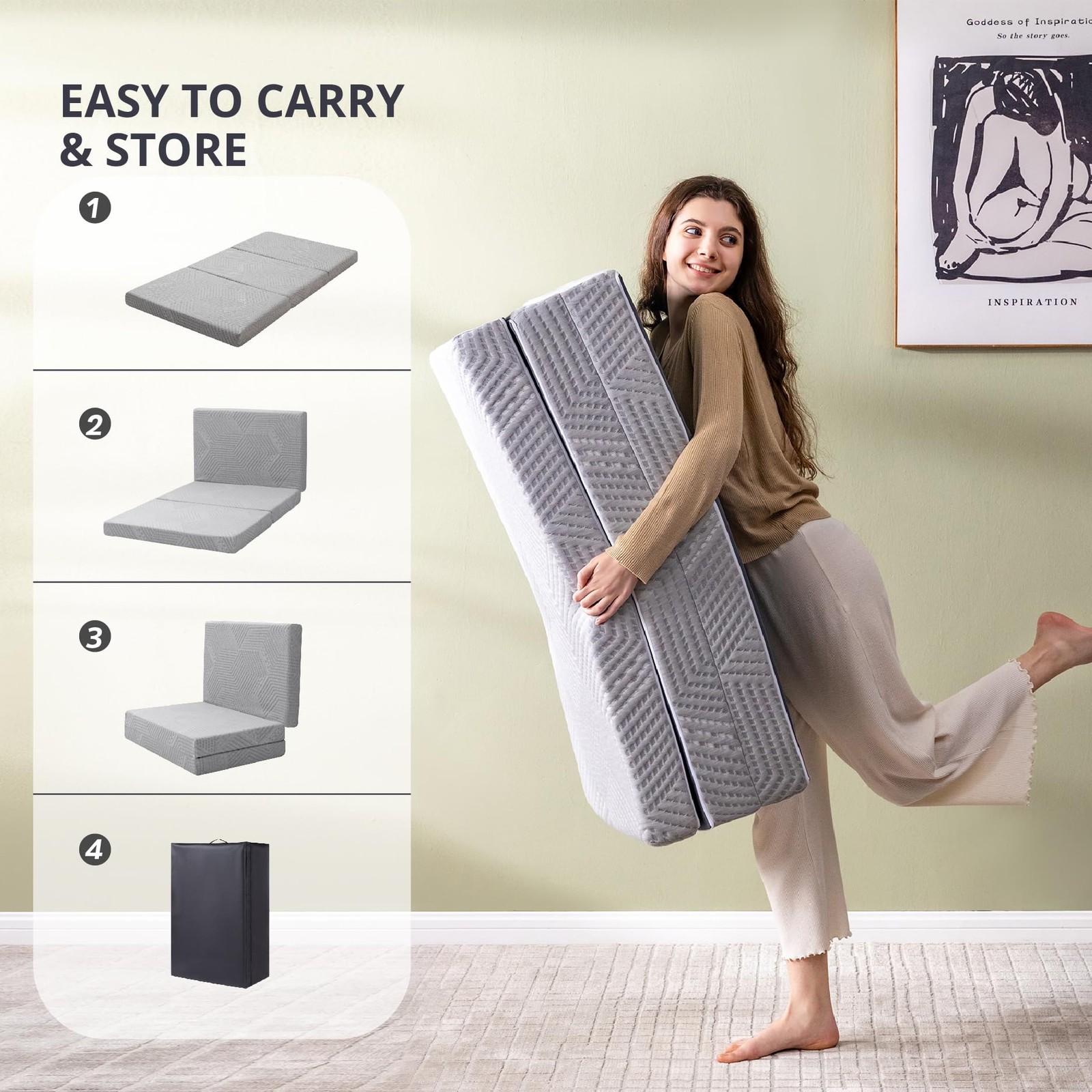 Folding Mattress, 4 Inch Single Tri Folding Memory Foam Mattress for Camping …