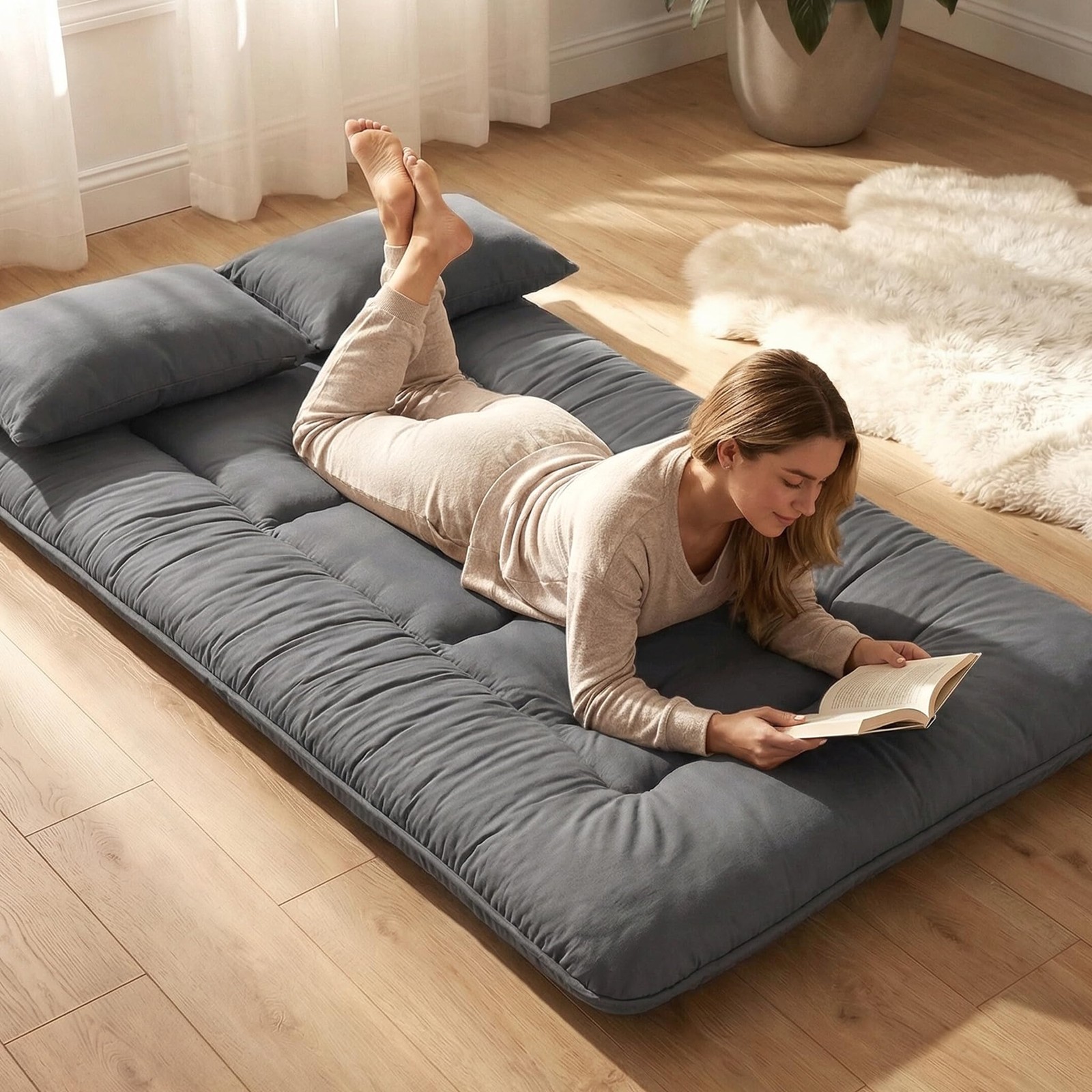 Japanese Floor Mattress Futon Mattress, 3.5 Inch Thick Foldable Roll Up Tatam…