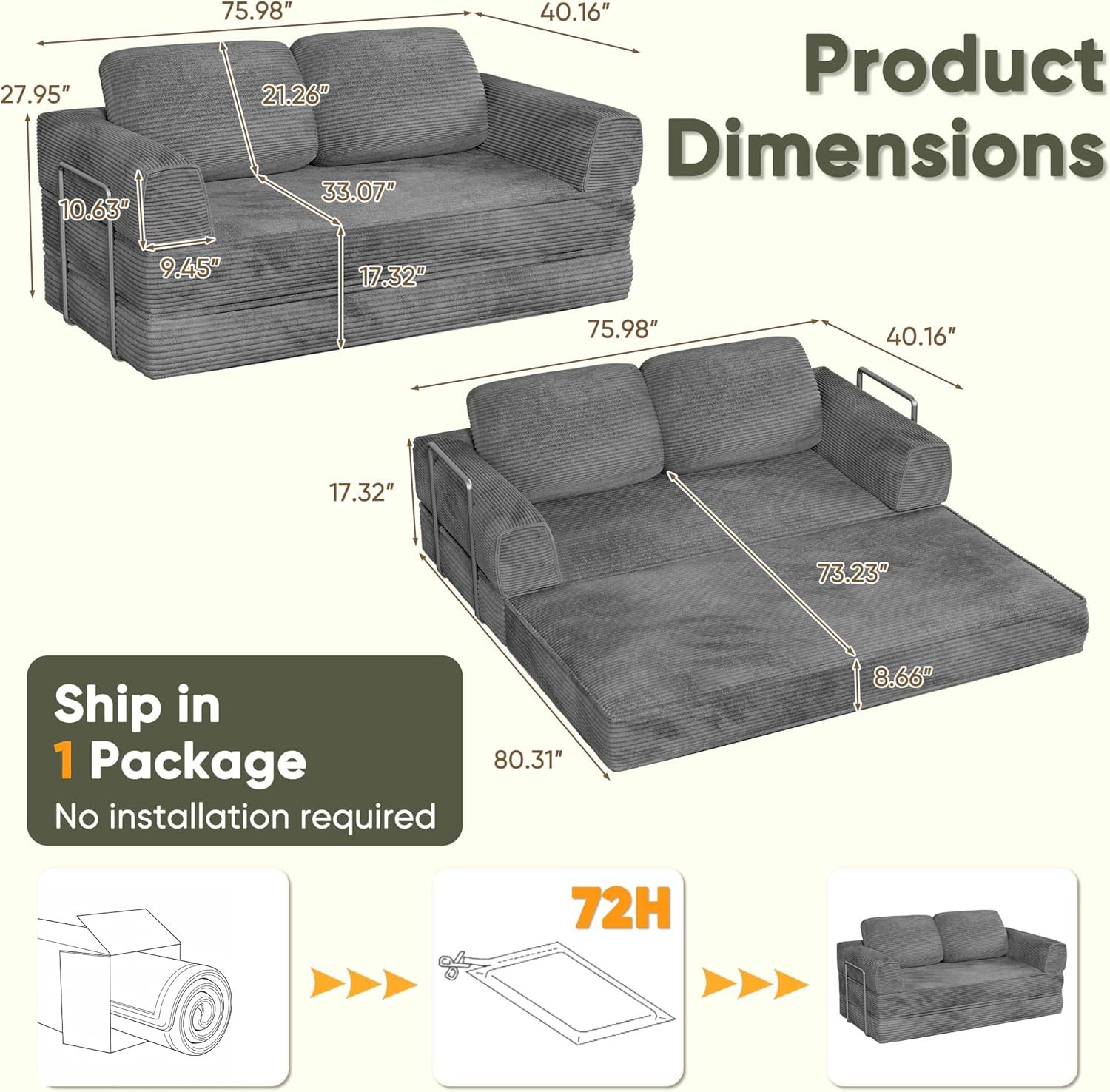4-in-1 Convertible Sofa Bed, Oversized Bonel Couch with 4 Fre