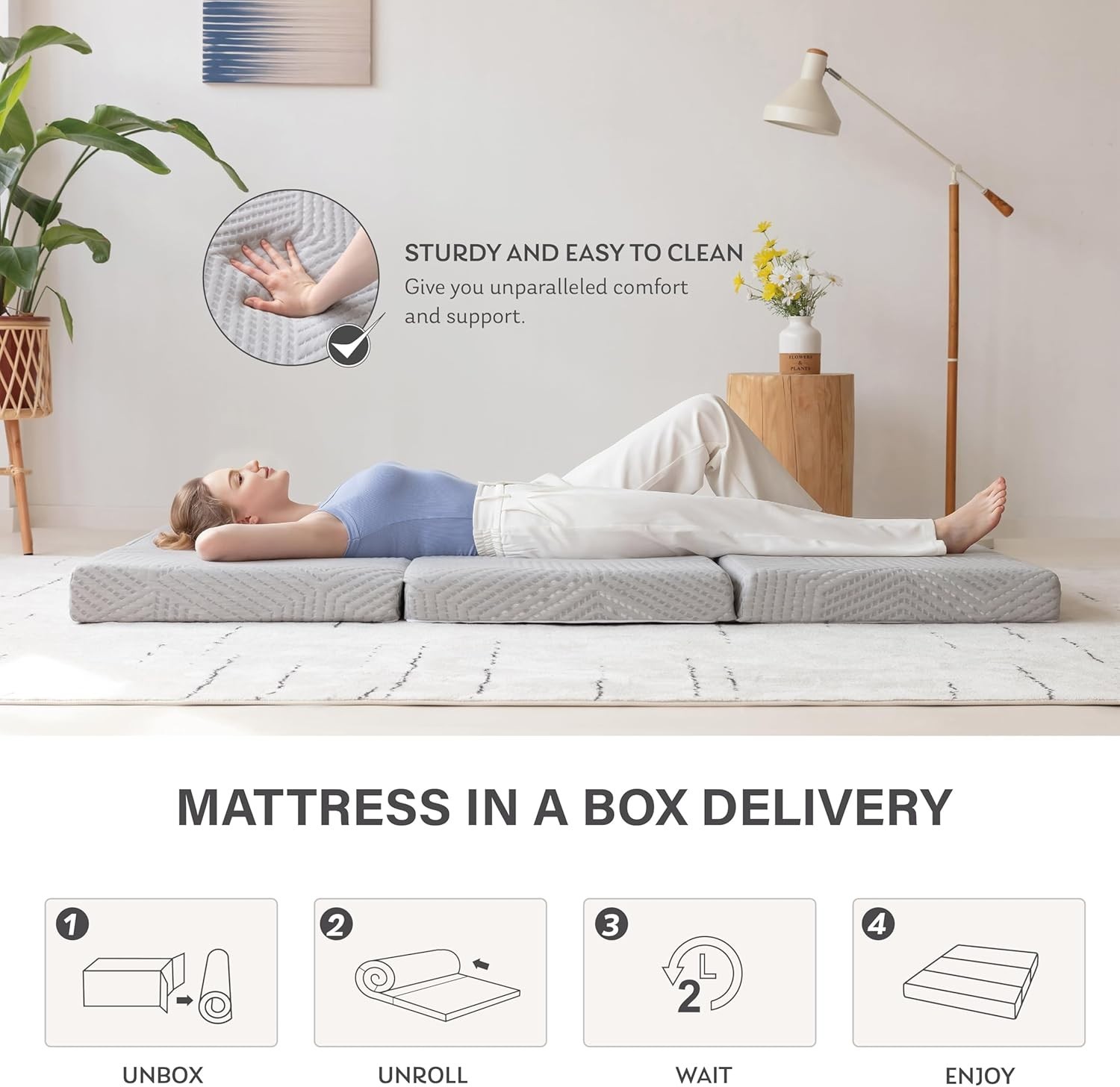 Compact 4 Inch Folding Memory Foam Mattress with Washable Cover, Grey – 75×25