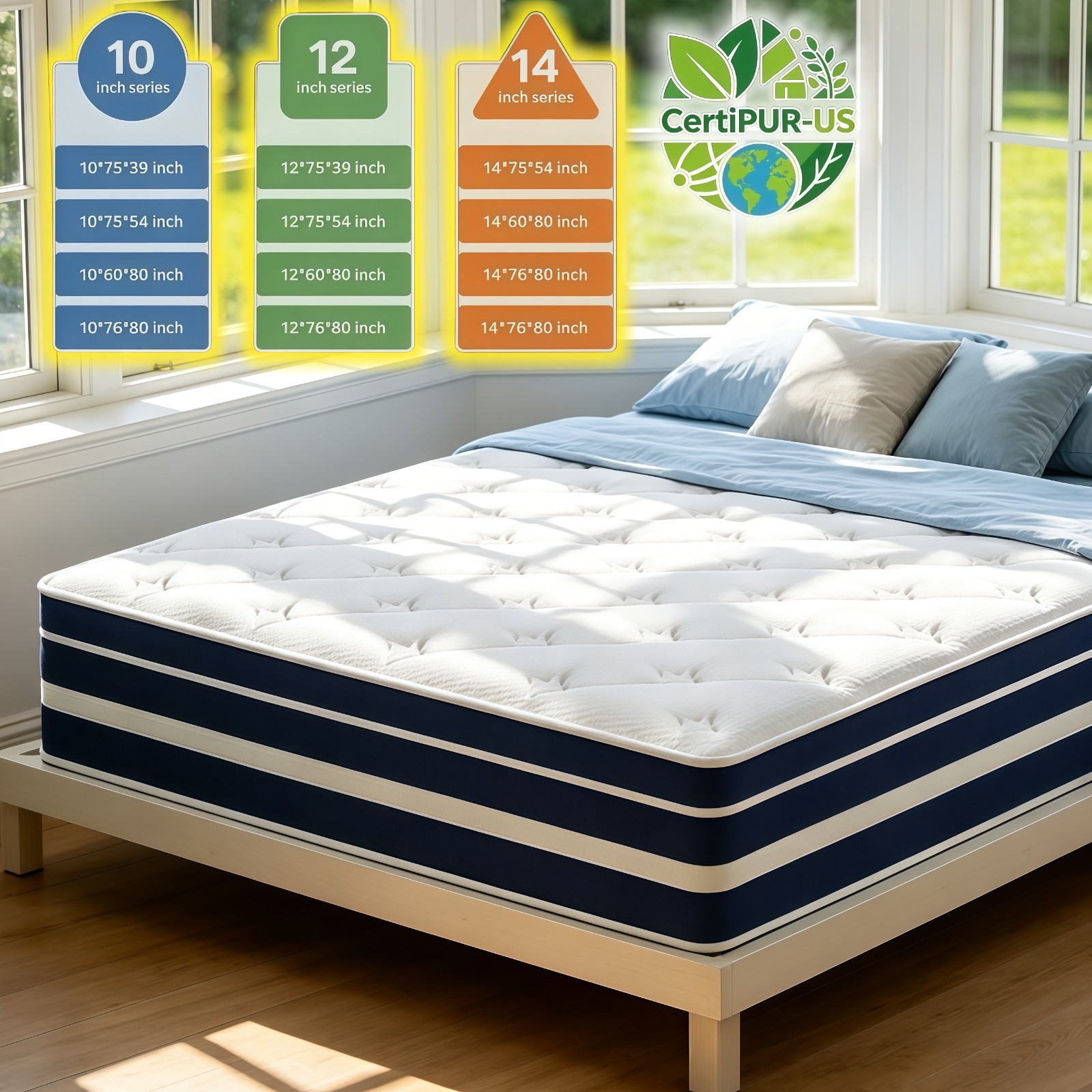 12/14» Gel Memory Foam Hybrid Mattress Twin Full Queen King Size In a Box Blue