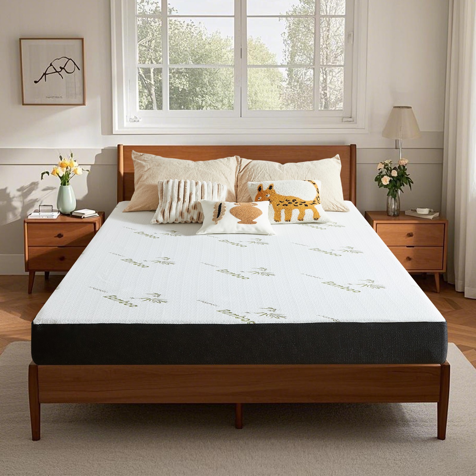 OUUI 5″ 6″ Gel Memory Foam Mattress Waterproof Cover with Bamboo Pattern