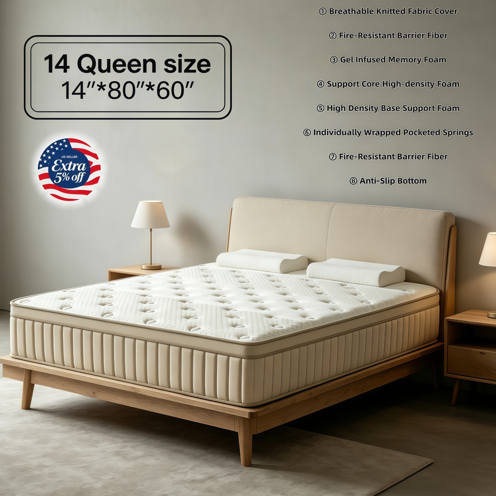 14» Queen Hybrid Mattress Cooling Gel Memory Foam Pocket Spring Bed Box Beige